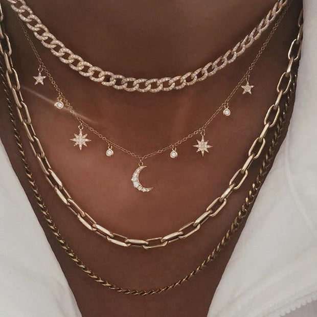 Bohemian Multi-layer Moon Star Necklace For Women Gold Set