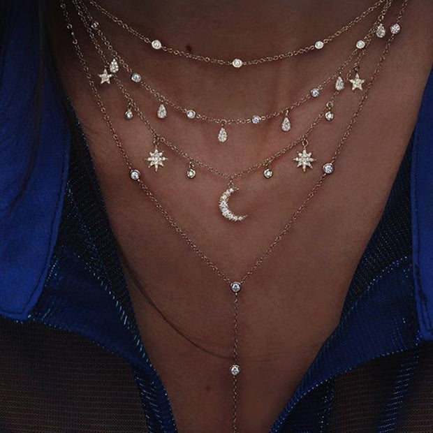 Bohemian Multi-layer Moon Star Necklace For Women Gold Set