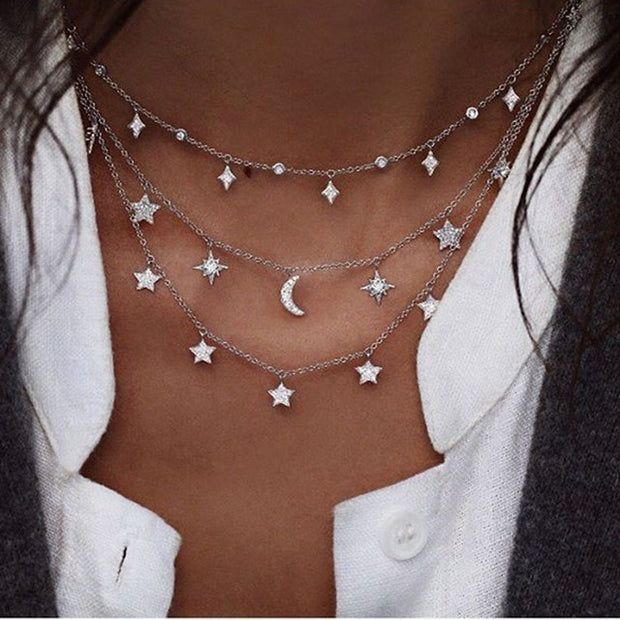 Bohemian Multi-layer Moon Star Necklace For Women Gold Set