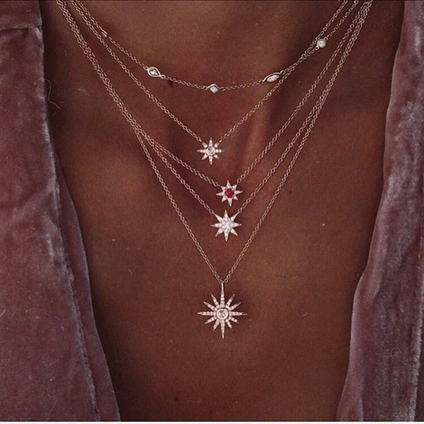 Bohemian Multi-layer Moon Star Necklace For Women Gold Set