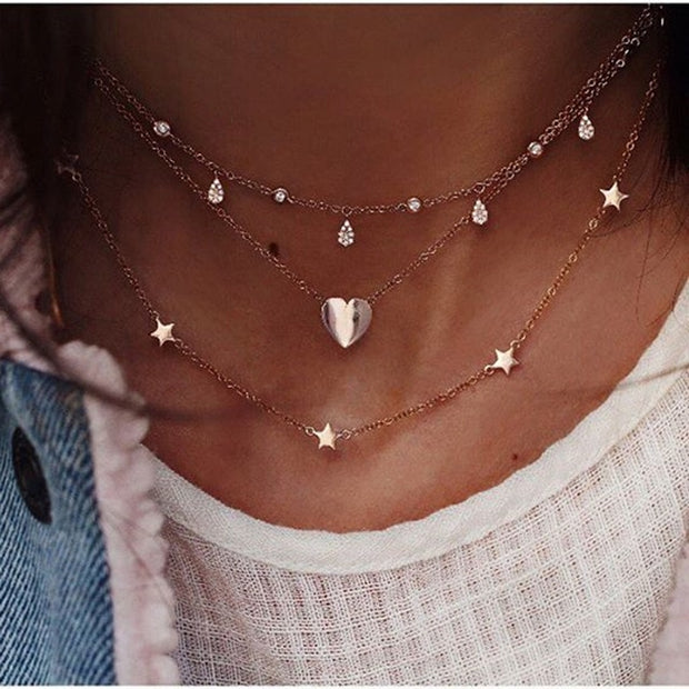 Bohemian Multi-layer Moon Star Necklace For Women Gold Set