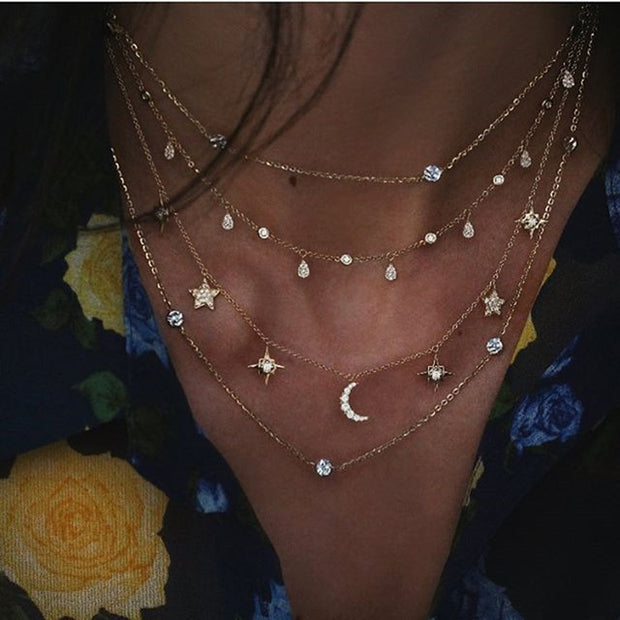 Bohemian Multi-layer Moon Star Necklace For Women Gold Set