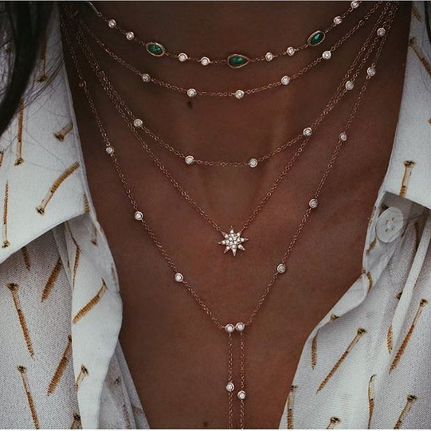 Bohemian Multi-layer Moon Star Necklace For Women Gold Set