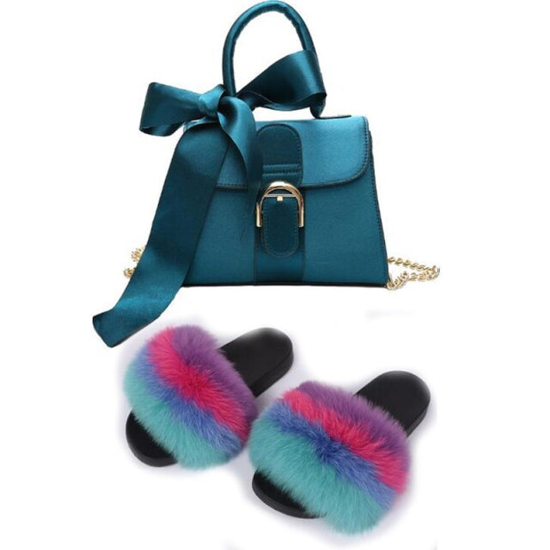 Extra Fluffy  Luxury Slippers With Purses Comfortable Sandals And Jelly Purse Sets