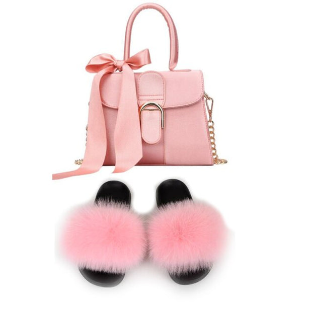 Extra Fluffy  Luxury Slippers With Purses Comfortable Sandals And Jelly Purse Sets