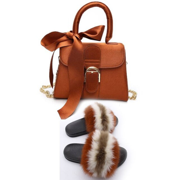 Extra Fluffy  Luxury Slippers With Purses Comfortable Sandals And Jelly Purse Sets