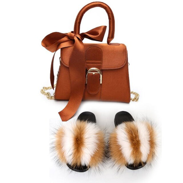 Extra Fluffy  Luxury Slippers With Purses Comfortable Sandals And Jelly Purse Sets